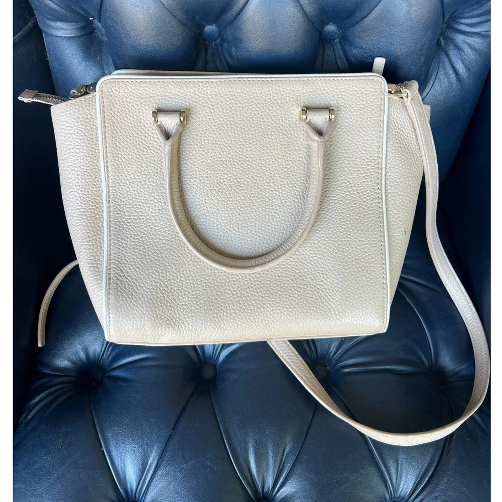 Kate Spade New York Beige Pebbled Leather Tassel Satchel Crossbody Bag PXRU6016